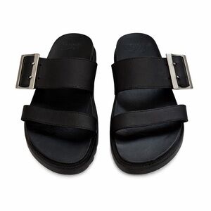Black Leather Slide Sandals with Silver Buckle